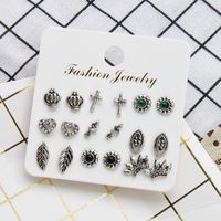 Retro Carved Leaf Geometric Hollow Earrings 9 Pairs Sets Wholesale main image 1