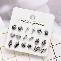 Retro Carved Leaf Geometric Hollow Earrings 9 Pairs Sets Wholesale main image 4