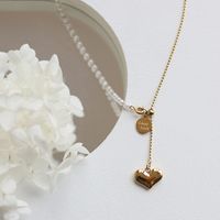 Korean Heart Long Tassel Pearl Titanium Steel Necklace sku image 1