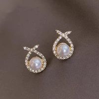 Retro Water Drop Cross Pearl Full Diamond Earrings main image 1