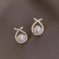 Retro Water Drop Cross Pearl Full Diamond Earrings main image 2