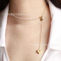 Korean Heart Long Tassel Pearl Titanium Steel Necklace main image 3