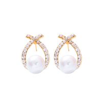 Fashion Pearl Cross Diamond Stud Earrings Wholesale main image 5