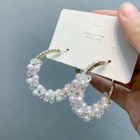 Retro Diamond-studded Pearl Large Hoop Earrings Wholesale main image 1