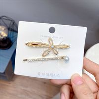 Korean Style Bowknot Flower Diamond Pearl One Word Clip Pair Set main image 6