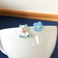 Korean Cartoon Cute Flower Bear Asymmetrical Earrings sku image 2