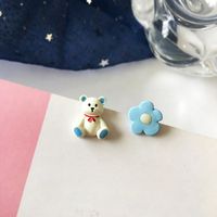 Korean Cartoon Cute Flower Bear Asymmetrical Earrings sku image 1