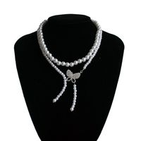 Retro Style Double-layer Pearl Rhinestone Butterfly Pendant Necklace main image 2