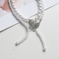 Retro Style Double-layer Pearl Rhinestone Butterfly Pendant Necklace main image 4