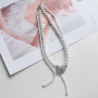 Retro Style Double-layer Pearl Rhinestone Butterfly Pendant Necklace main image 5