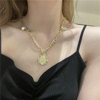 Nihaojewelry Metal Diamond Pearl Coin Pendant Double Layered Necklace Wholesale Jewelry main image 1