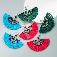 Wholesale Jewelry Bohemian Fabric Inlaid Pearl Fan-shaped Tassel Earrings Nihaojewelry main image 1