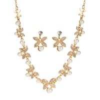 Fashion Golden Leaf Butterfly Inlaid Pearl Rhinestone Earrings Necklace Set main image 6