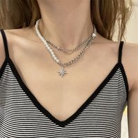 Korean Pearl Chain Eight Pointed Star Pendant Double Layer Necklace main image 2