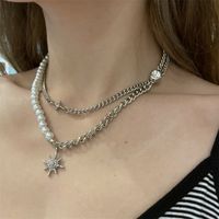 Korean Pearl Chain Eight Pointed Star Pendant Double Layer Necklace main image 3