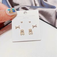Korean Heart Bow Cute Bear Copper Pearl Earrings sku image 1