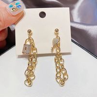 Fashion Asymmetric Key Metal Chain Tassel Copper Earrings sku image 2