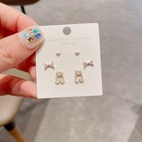 Korean Heart Bow Cute Bear Copper Pearl Earrings main image 6