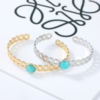 Fashion Hollow Turquoise Inlaid Stainless Steel Gold-plated Open Bracelet main image 2