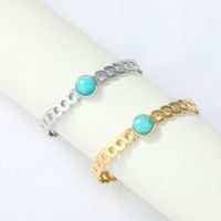 Fashion Hollow Turquoise Inlaid Stainless Steel Gold-plated Open Bracelet main image 3