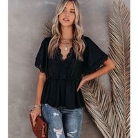 Fashion Lace Stitching Big V-neck Short-sleeved Lace-up Top main image 1