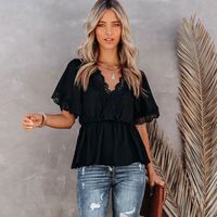 Fashion Lace Stitching Big V-neck Short-sleeved Lace-up Top main image 4