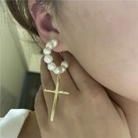 Retro C-shaped Cross Freshwater Pearl Earrings main image 5
