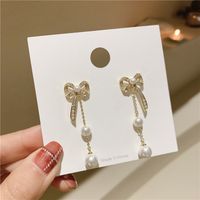 Simple Bowknot Pearl Tassel Long Style Earrings main image 5