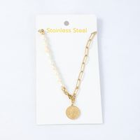 Vintage Embossed Portrait Gold Coin Pearl Pendant Stainless Steel Necklace main image 5