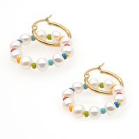 Simple Freshwater Baroque Pearl Rainbow Rice Beads Stainless Steel Earrings main image 6