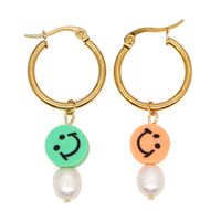 Grandes Boucles D&#39;oreilles En Acier Inoxydable Avec Perle De Visage Souriant Arc-en-ciel main image 6