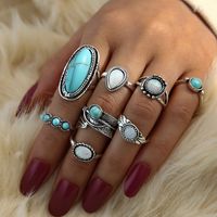 Retro Inlaid Turquoise Carved Feather Alloy Ring 8-piece Set main image 1