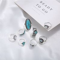 Retro Inlaid Turquoise Carved Feather Alloy Ring 8-piece Set main image 5