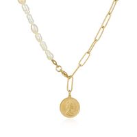 Vintage Embossed Portrait Gold Coin Pearl Pendant Stainless Steel Necklace sku image 1