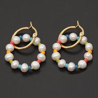 Simple Freshwater Baroque Pearl Rainbow Rice Beads Stainless Steel Earrings sku image 1