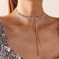 Korean Fashion Shiny Full Rhinestone Bowknot Tassel Short Necklace sku image 2