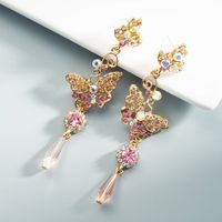 Korean Pink Apricot Series Diamond Butterfly Earrings sku image 1
