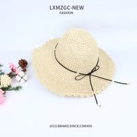Korean Style Pearl Pendants Ruffles Sunshade Handmade Hollow Straw Hats sku image 3