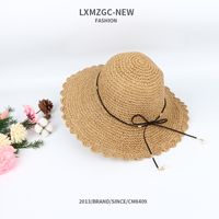 Korean Style Pearl Pendants Ruffles Sunshade Handmade Hollow Straw Hats sku image 1