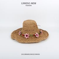 Chapeau De Paille Crocheté À La Main Pur Crème Solaire À Fleurs Pliable De Style Coréen sku image 2
