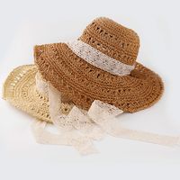 Korean Summer Handmade Windproof Big-edge Suncreen Lace Straw Hat main image 1