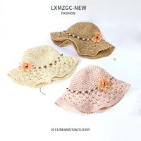 Korean Style Handmade Children's Sunshade Flower Pearl Big Brim Straw Hat main image 4