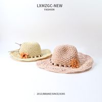 Korean Style Handmade Children's Sunshade Flower Pearl Big Brim Straw Hat main image 5