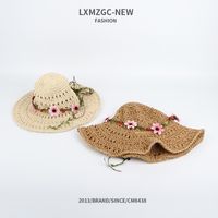 Chapeau De Paille Crocheté À La Main Pur Crème Solaire À Fleurs Pliable De Style Coréen main image 1