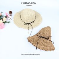 Korean Style Pearl Pendants Ruffles Sunshade Handmade Hollow Straw Hats main image 4