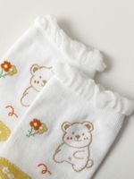 Yellow And White Student Little Bear Medium Tube Female Socks 3 Pairs main image 5