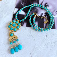 Wholesale Jewelry Vintage Turquoise Stone Pendant Long Necklace Earrings Nihaojewelry sku image 4