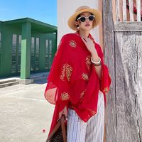 Red Scarf Women's Talma Outer Sunscreen Scarf Thin Scarf Beach Scarf Long Gilding Pattern Scarf main image 5