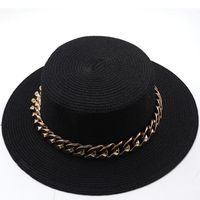 New Flat Top Hat Straw Hat Women's Summer Beach Hat Sun-proof Vacation Seaside Hat Flat Brim Fedora Hat sku image 9