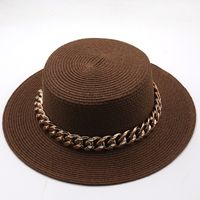 New Flat Top Hat Straw Hat Women's Summer Beach Hat Sun-proof Vacation Seaside Hat Flat Brim Fedora Hat sku image 10